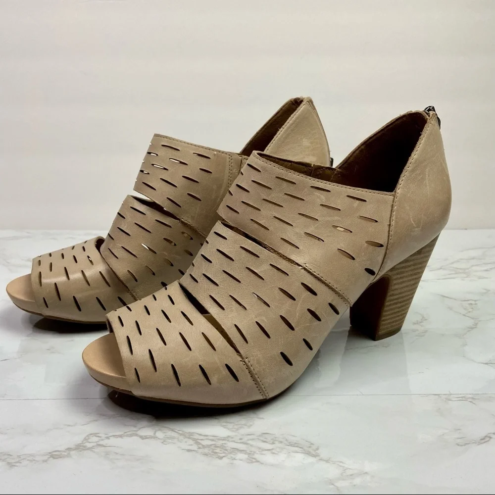 Beige Peep-Toe Cutout Block Heel Bootie
